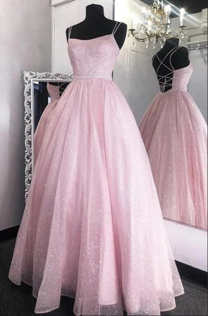 Prom Dress Sparkly Ball Gown Vestidos Pink Straps Tulle Floor Length Formal Gown for Women Graduation Party RB9444