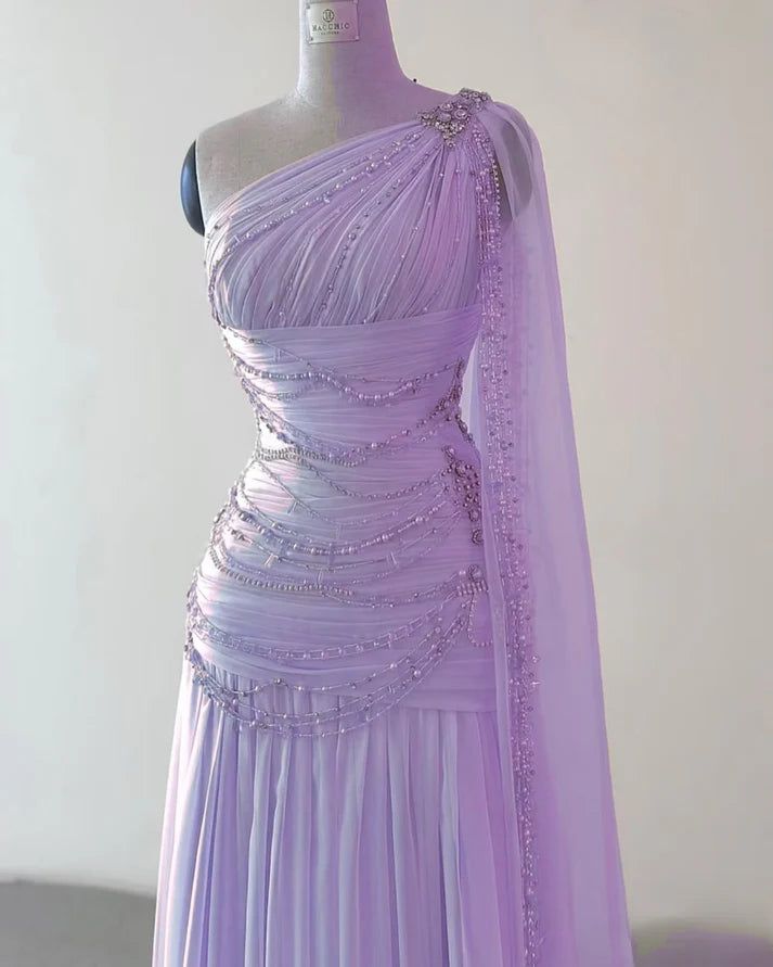 Classy Sheath One Shoulder Pink Long Chiffon Evening Gown Prom Dresses Formal Gowns AB525