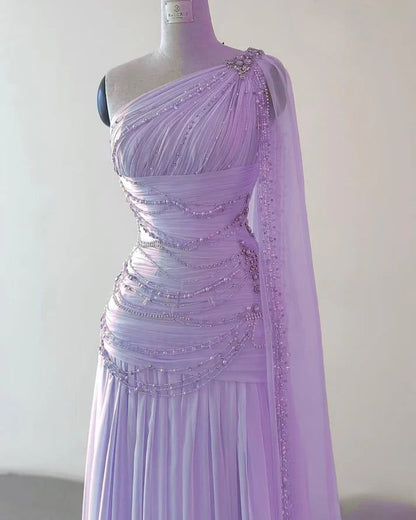 Classy Sheath One Shoulder Pink Long Chiffon Evening Gown Prom Dresses Formal Gowns AB525