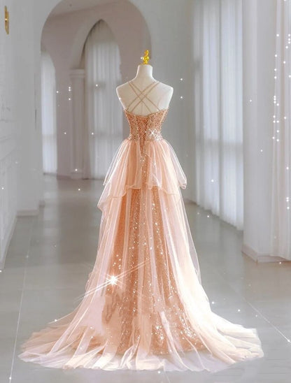 Luxury Evening Dresses Train Bride Beach Party Gold Sequins Douber Straps Prom Dresses Formal Gowns AB520