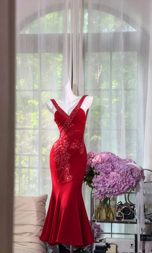 Prom Dresses Inspiration Mermaid V Neck Red With Beading Formal Party Gown 8th Grade Dress RC1290