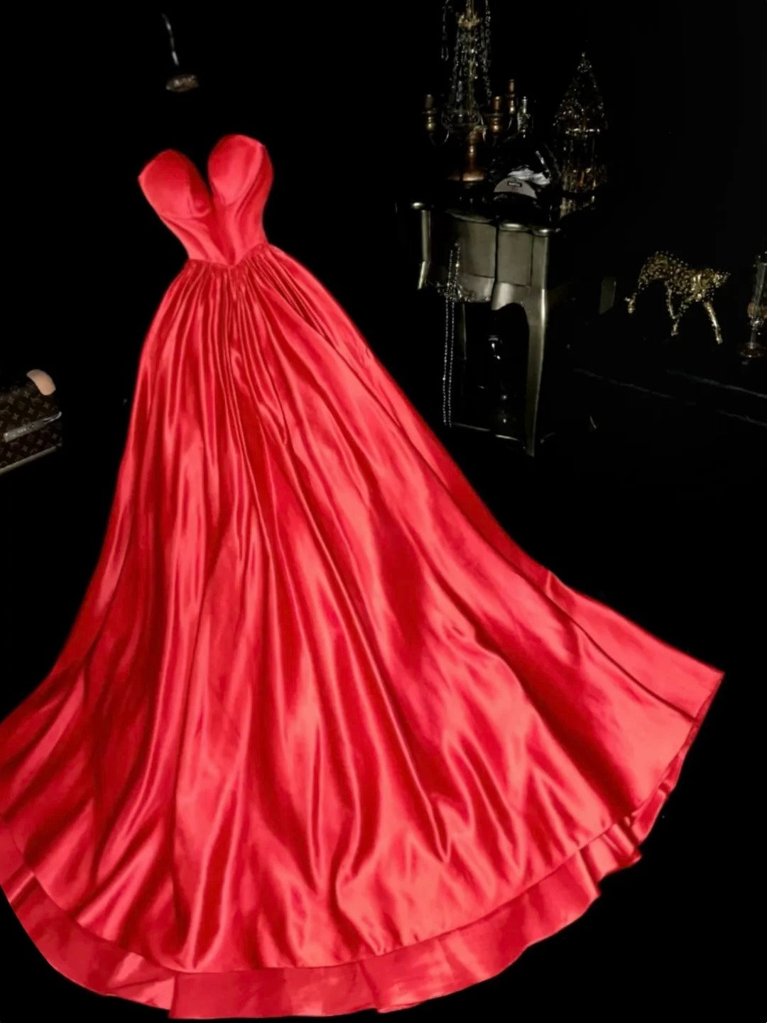 Romantic A line Sweetheart Red With Ruffled Satin School Dances Prom Dresses 8th Grade Formal Outfits Evening Gown RB8422