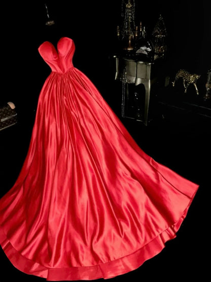 Romantic A line Sweetheart Red With Ruffled Satin School Dances Prom Dresses 8th Grade Formal Outfits Evening Gown RB8422