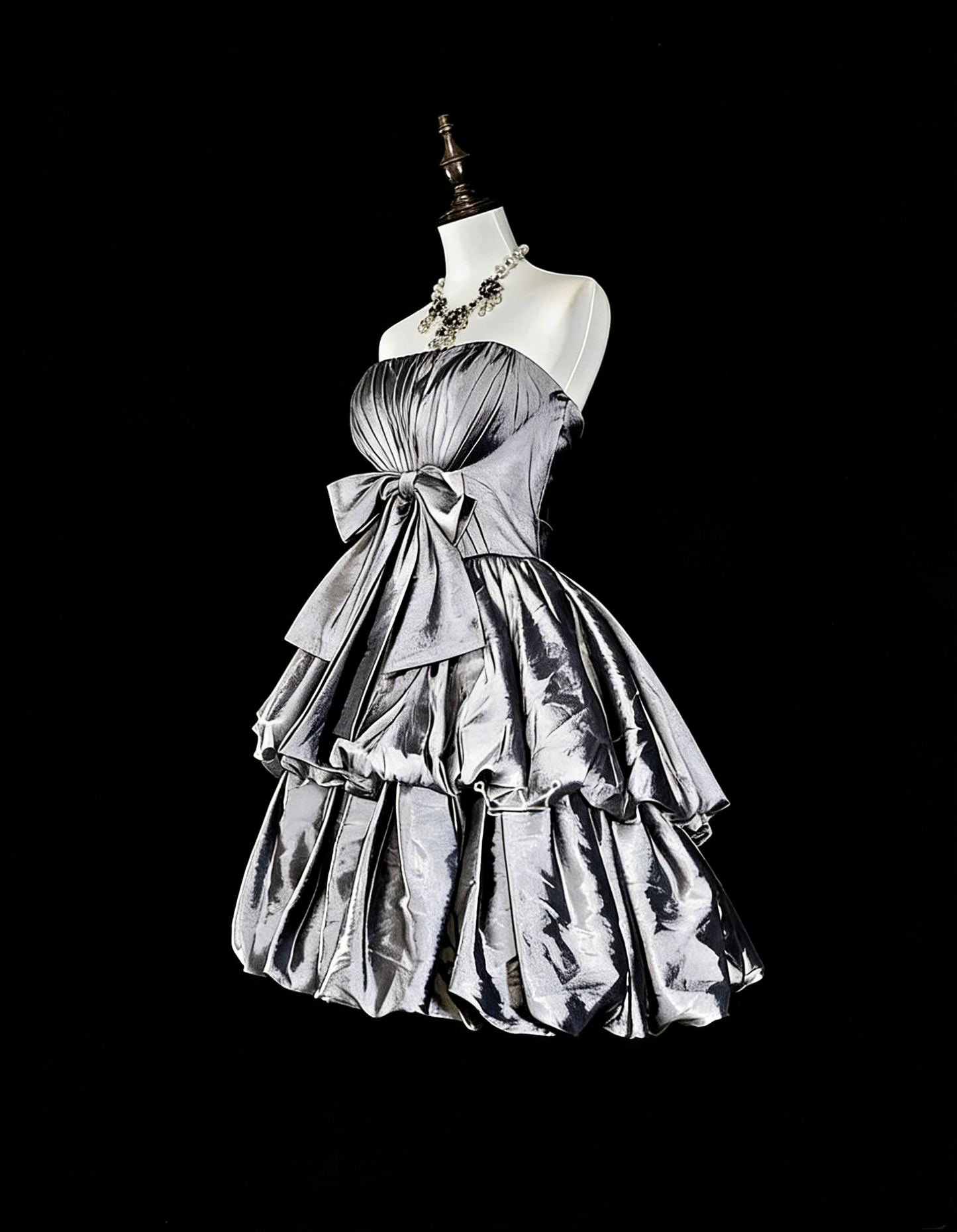 Vintage Ball Gown Strapless Silver Gray Taffeta Short Inspo 2000s Hoco Gowns Inspo Homecoming Dresses N1612