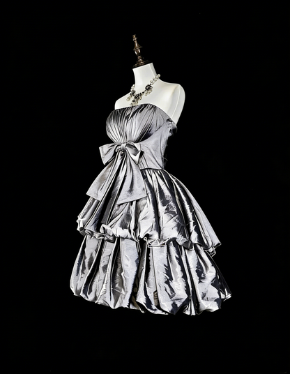 Vintage Ball Gown Strapless Silver Gray Taffeta Short Inspo 2000s Hoco Gowns Inspo Homecoming Dresses N1612