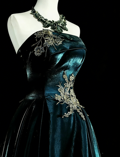 Vintage A line Strapless Dark Green Velvet 70s With Gold Appliques Long Prom Gown Party Wear Dresses N1845