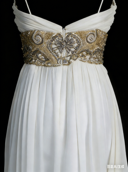 Chic A Line Spaghetti Strap White Chiffon Beads Senior Prom dresses High School Long Formal Dresses N1249
