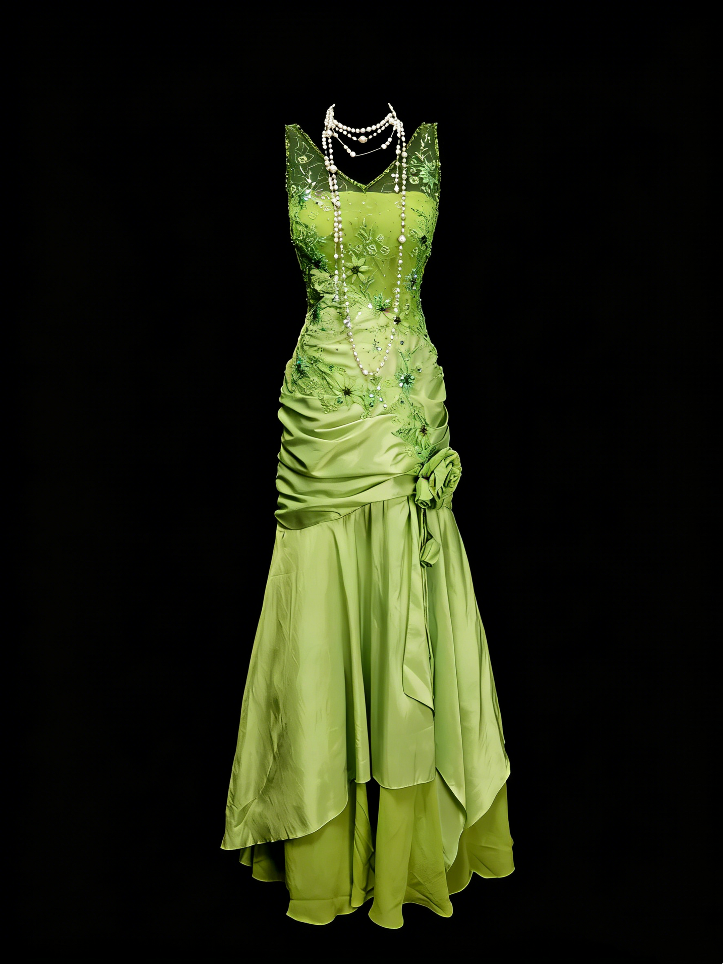 Vintage Mermaid V Neck Bud Green Satin 90s With Beaded Prom Dresses Long Formal Party Gown N1385