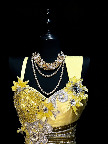 Modest Mermaid Sweetheart Yellow Chiffon With Beaded Bodice College Formal Outfit Long Prom Graduation Dresses For Teens N1191