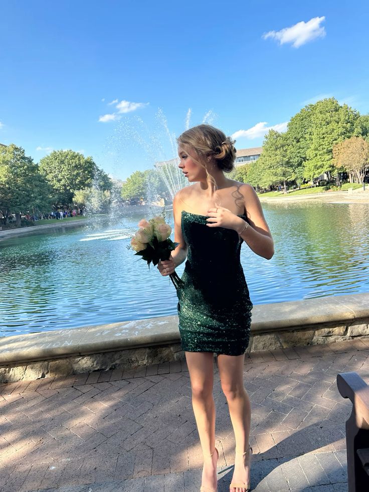 Cute Sheath Tight Bodycon Strapless Dark Emerald Green With Ruffled Short Inspo Hoco Dress Ideas Homecoming Dresses RB4089