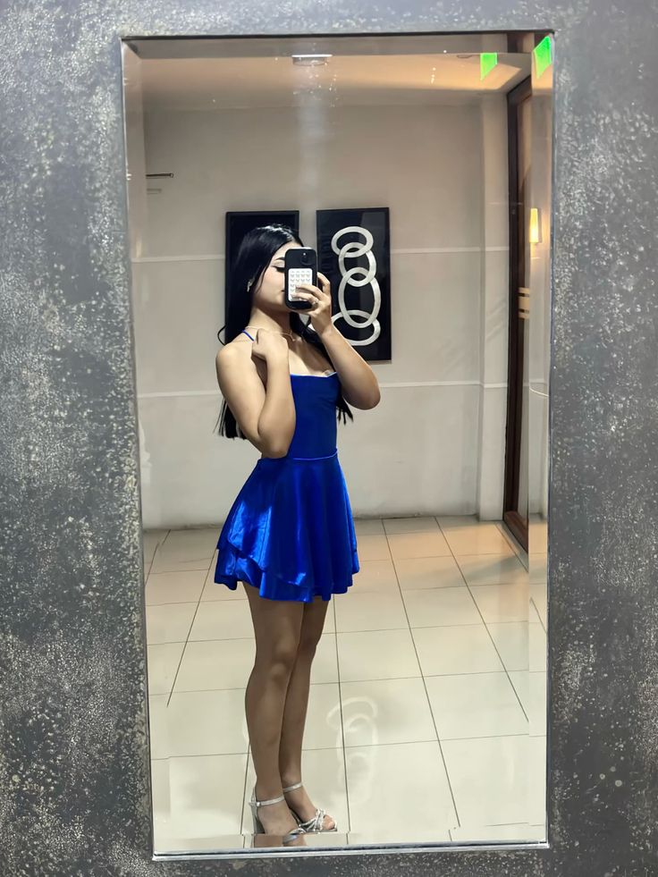 Elegant A line Spaghetti Strap Royal Blue Satin 12th Grad Short Mini Inspo Homecoming Dresses RB4396