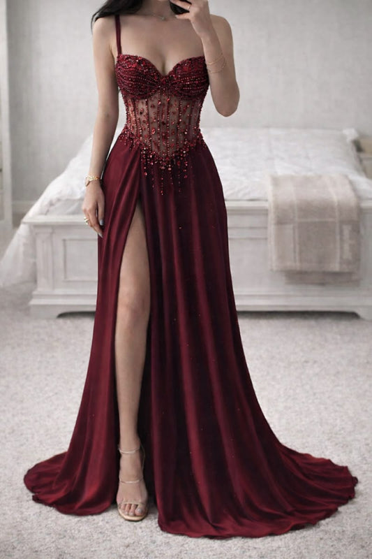 Glamorous Dark A Line Burgundy Sequined Long Slit Prom Dresses With Beads N804