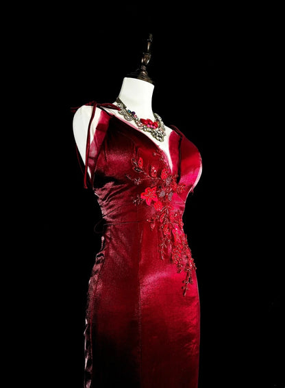 Vintage Prom Dresses Aesthetic Mermaid Spaghetti Straps Burgundy Classic Inspo Formal Party Dress N1993