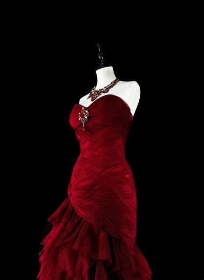 Vintage Prom Dresses Mermaid Sweetheart Red Tulle With Tiered Layers Long Party Dress N2376