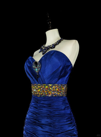 Vintage Prom Dresses Mermaid Sweetheart Royal Blue High Low With Beads Long Party Dress N2370