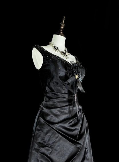 Dreamy Prom Dresses Vintage 90s With Beads V Neck A line Satin Black Long Formal Outfits N2375