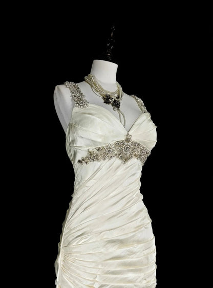 Vintage 80s Wedding Dresses Mermaid Sweetheart Ivory Long Brides Dress Fitted Bridal Gown N1609