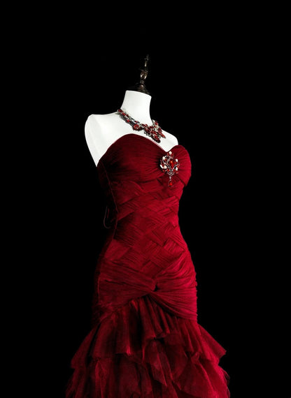 Vintage Prom Dresses Mermaid Sweetheart Red Tulle With Tiered Layers Long Party Dress N2376