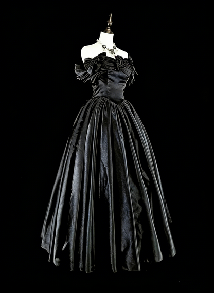 Modest Prom Dresses Ball Gown Off The Shoulder Black Satin Evening Long Quince Dress N3073