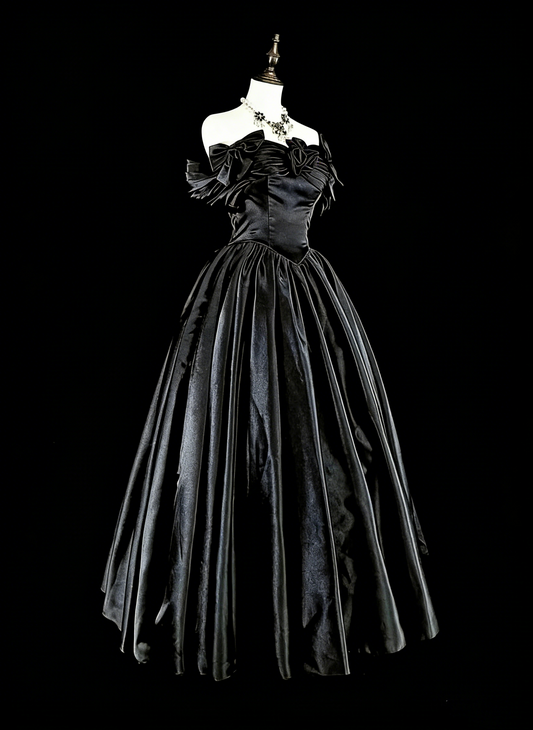 Modest Prom Dresses Ball Gown Off The Shoulder Black Satin Evening Long Quince Dress N3073