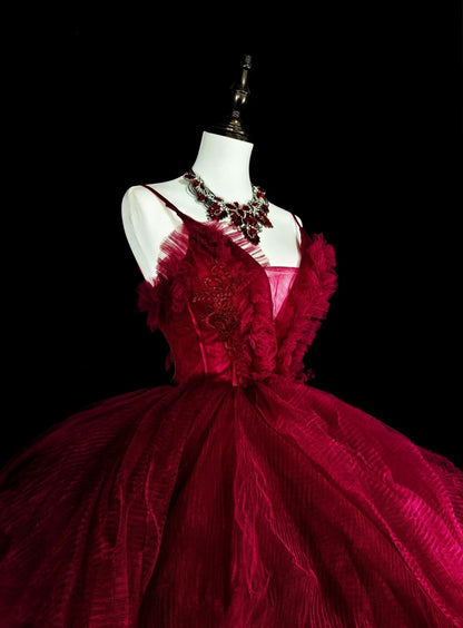 Elegant Ball Gown Spaghetti Strap Burgundy Tulle Inspiration Long Prom Dresses Sweet 16 Dress N1826