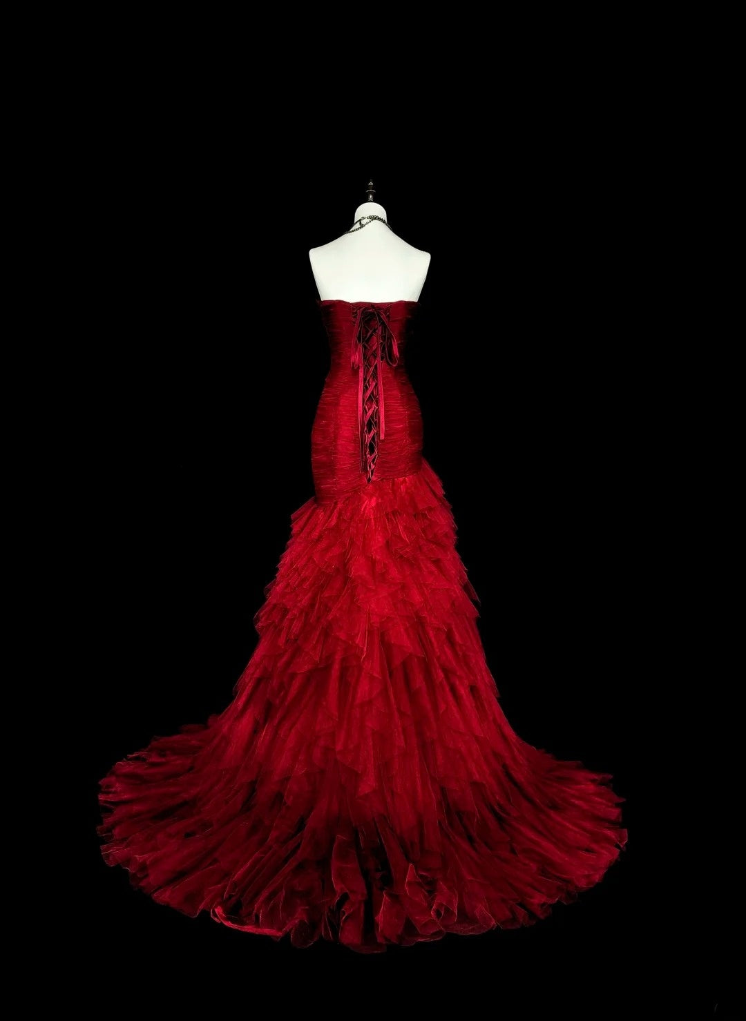Vintage Prom Dresses Mermaid Sweetheart Red Tulle With Tiered Layers Long Party Dress N2376