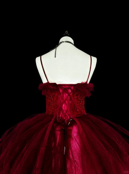 Elegant Ball Gown Spaghetti Strap Burgundy Tulle Inspiration Long Prom Dresses Sweet 16 Dress N1826