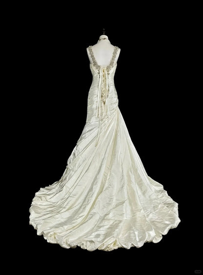 Vintage 80s Wedding Dresses Mermaid Sweetheart Ivory Long Brides Dress Fitted Bridal Gown N1609