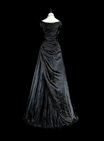Dreamy Prom Dresses Vintage 90s With Beads V Neck A line Satin Black Long Formal Outfits N2375