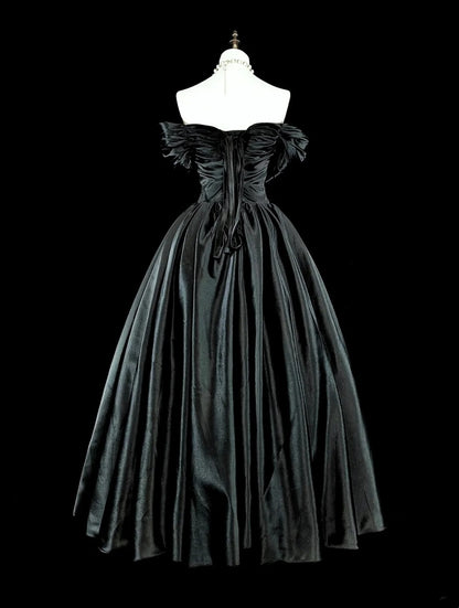 Modest Prom Dresses Ball Gown Off The Shoulder Black Satin Evening Long Quince Dress N3073