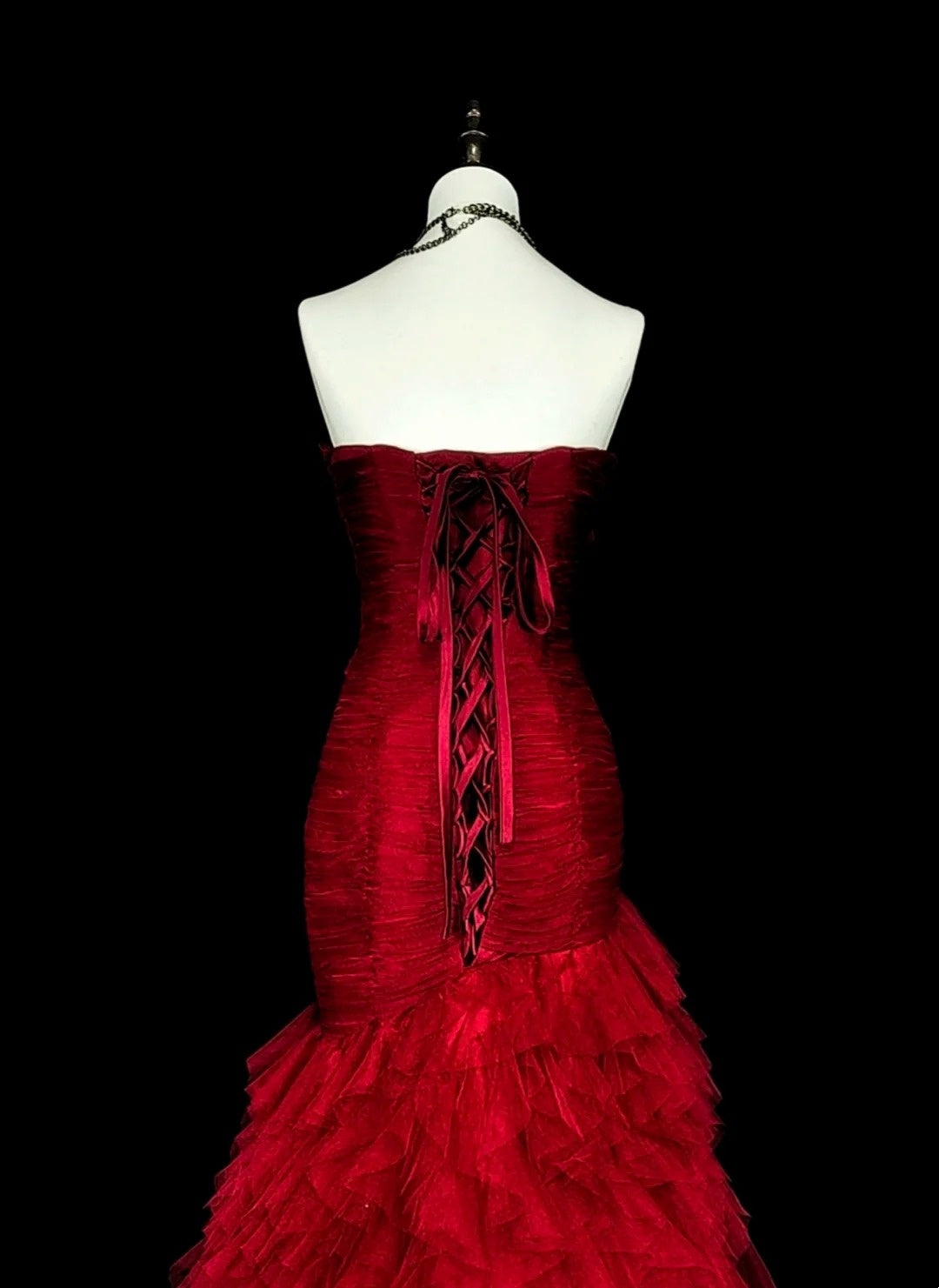 Vintage Prom Dresses Mermaid Sweetheart Red Tulle With Tiered Layers Long Party Dress N2376