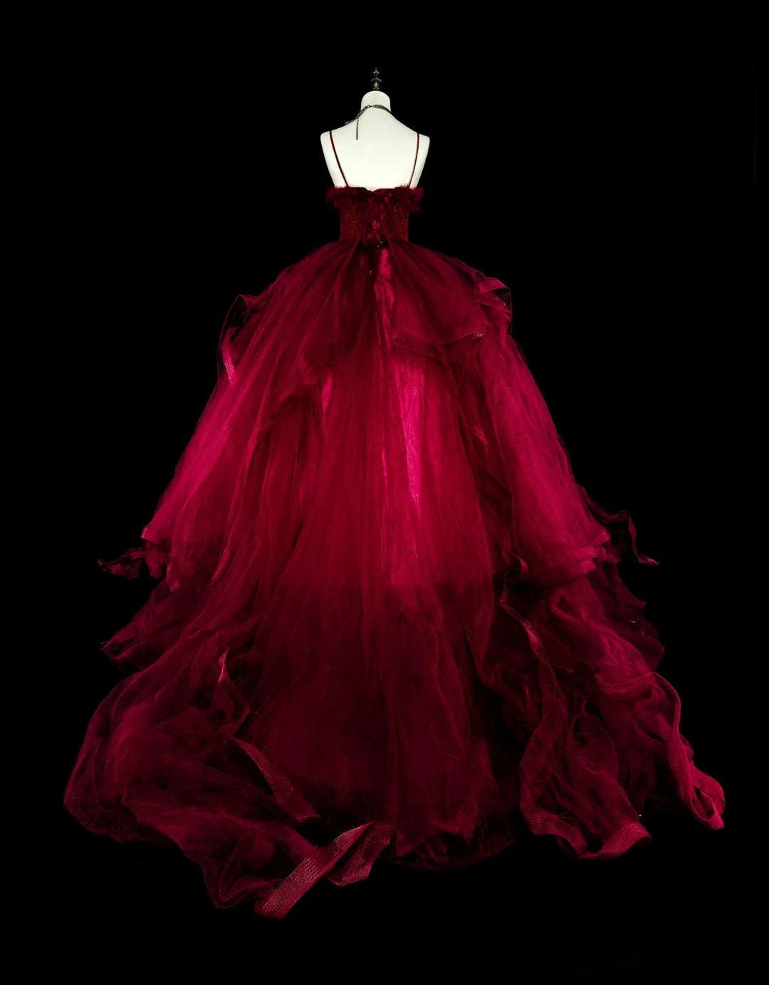 Elegant Ball Gown Spaghetti Strap Burgundy Tulle Inspiration Long Prom Dresses Sweet 16 Dress N1826