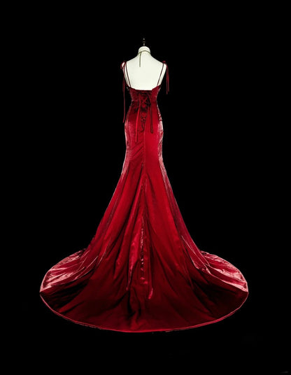 Vintage Prom Dresses Aesthetic Mermaid Spaghetti Straps Burgundy Classic Inspo Formal Party Dress N1993