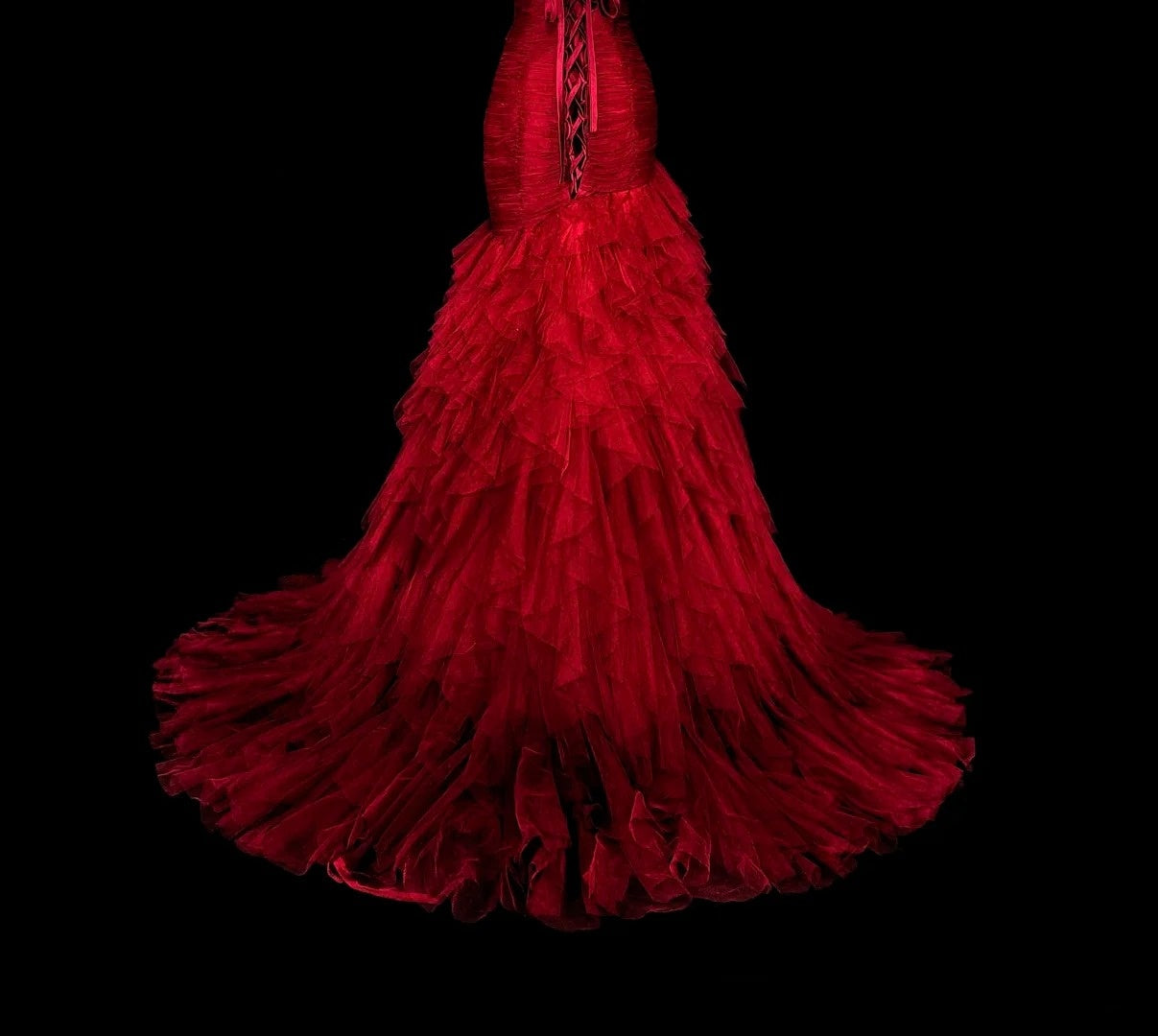 Vintage Prom Dresses Mermaid Sweetheart Red Tulle With Tiered Layers Long Party Dress N2376