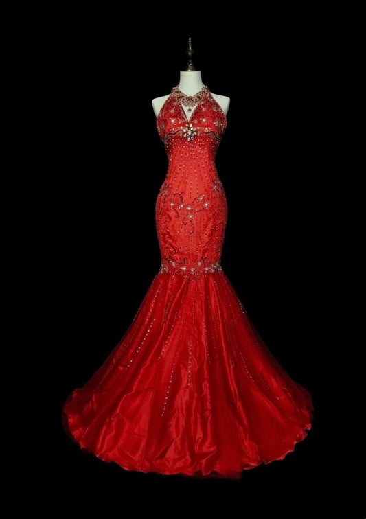 Vintage Mermaid High Neck Red With Beads Sleeveless 80s Prom Dresses Long Formal Party Gown N1467