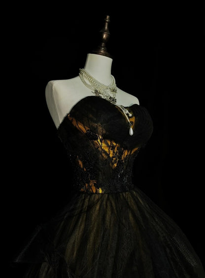 Vintage Ball Gown Sweetheart Black Tulle Sleeveless 80s Prom Dresses Long Formal Party Gown N1460