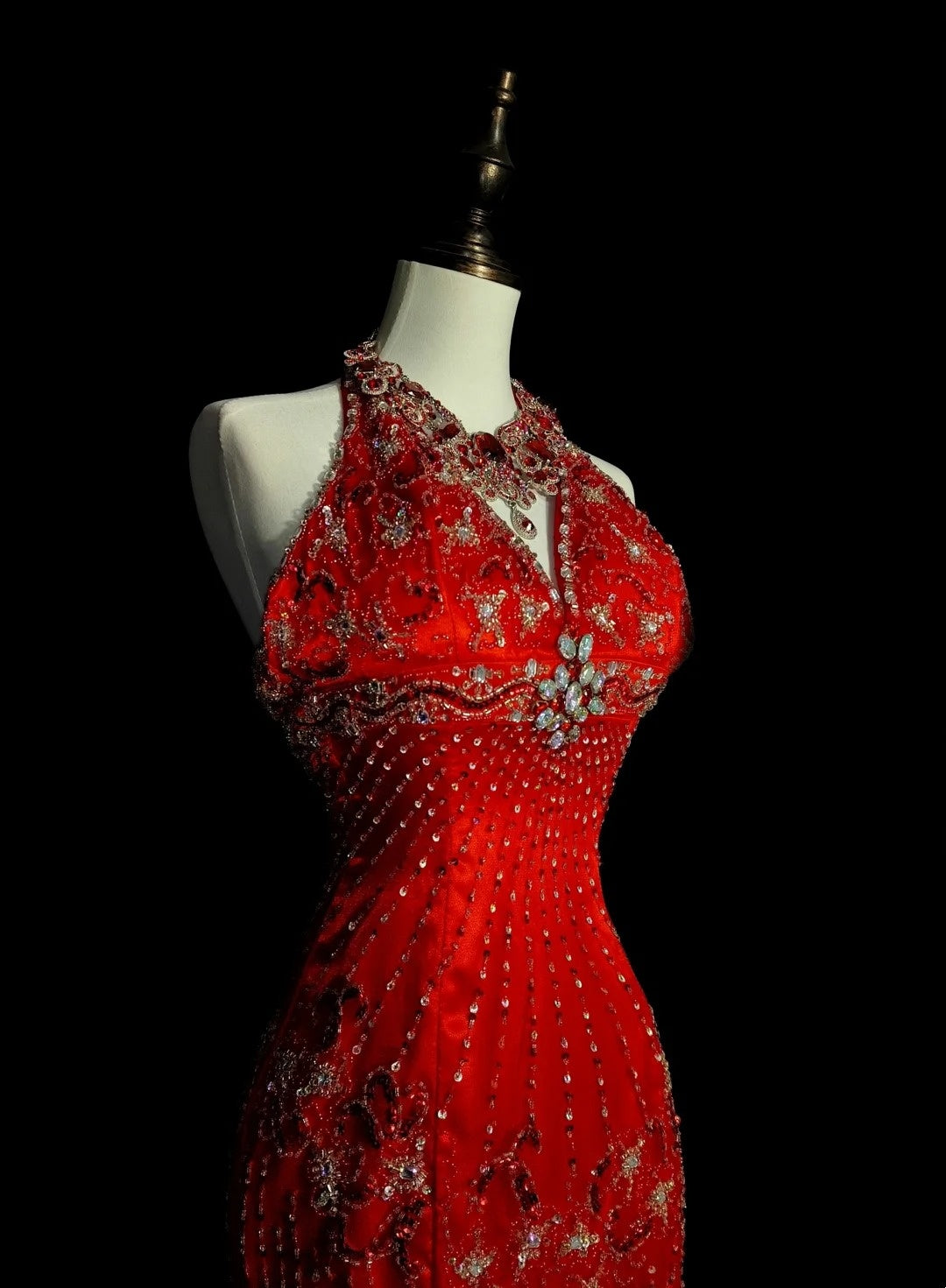 Vintage Mermaid High Neck Red With Beads Sleeveless 80s Prom Dresses Long Formal Party Gown N1467