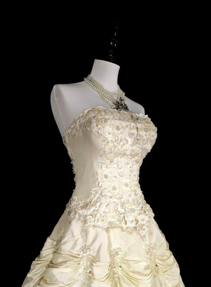 Vintage 80s Wedding Dresses Ball Gown Strapless Taffeta Long Brides Dress Fitted Bridal Gown N1465