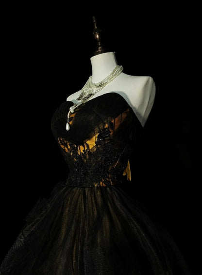 Vintage Ball Gown Sweetheart Black Tulle Sleeveless 80s Prom Dresses Long Formal Party Gown N1460