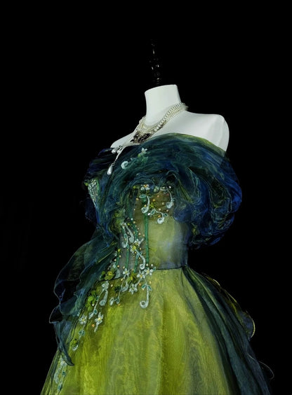 Vintage Ball Gown Strapless Green Black Tulle Sleeveless 80s Prom Dresses Long Formal Party Gown N1466