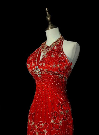 Vintage Mermaid High Neck Red With Beads Sleeveless 80s Prom Dresses Long Formal Party Gown N1467