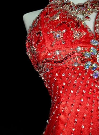 Vintage Mermaid High Neck Red With Beads Sleeveless 80s Prom Dresses Long Formal Party Gown N1467