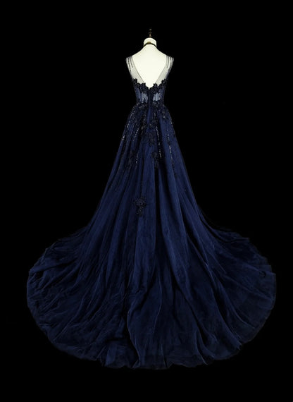 Vintage 1780s A line Sweetheart Navy Blue Tulle Sleeveless With Beadings Long Prom Dresses N1589