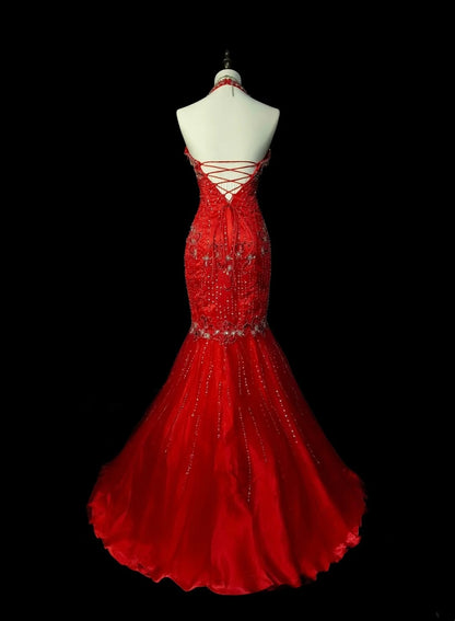 Vintage Mermaid High Neck Red With Beads Sleeveless 80s Prom Dresses Long Formal Party Gown N1467
