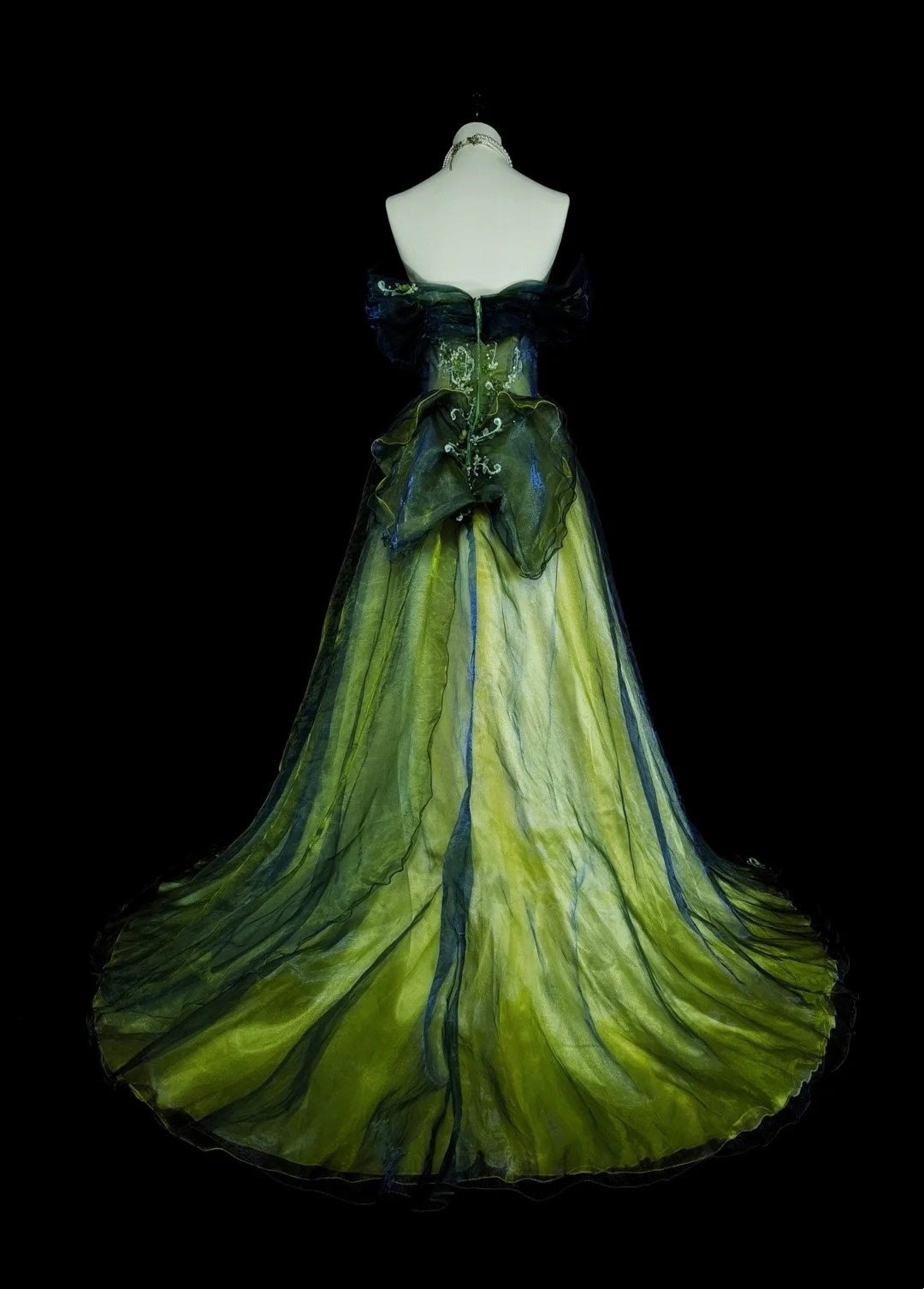 Vintage Ball Gown Strapless Green Black Tulle Sleeveless 80s Prom Dresses Long Formal Party Gown N1466