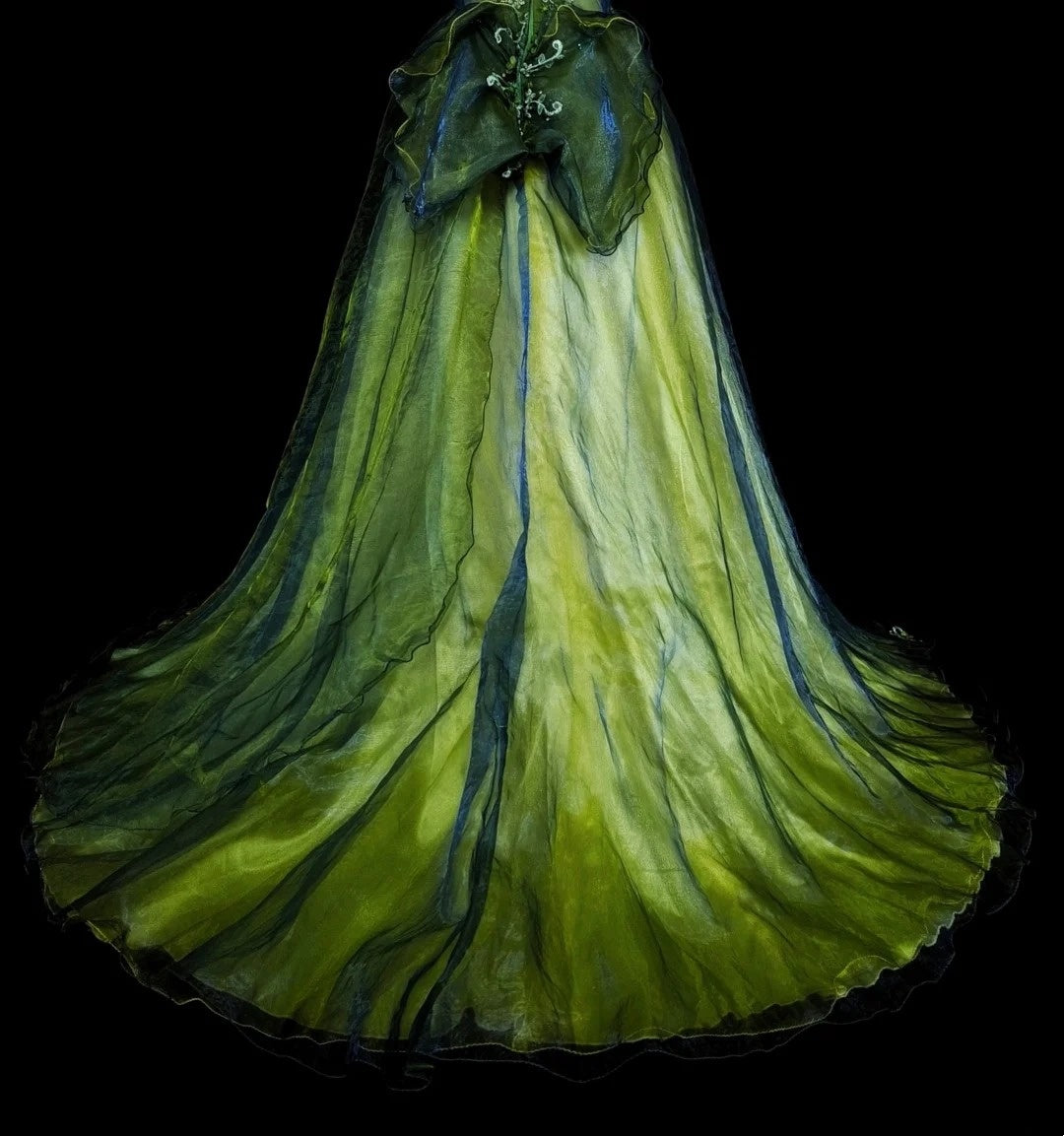 Vintage Ball Gown Strapless Green Black Tulle Sleeveless 80s Prom Dresses Long Formal Party Gown N1466
