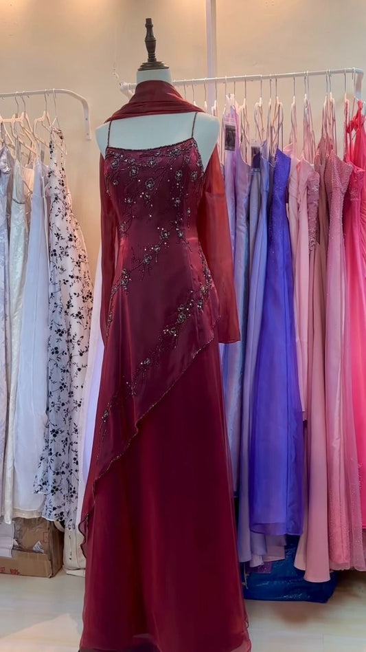 Sexy A line Spaghetti Straps Chiffon Burgundy Inspo Formal Party Gowns Long Prom Dresses AB1748