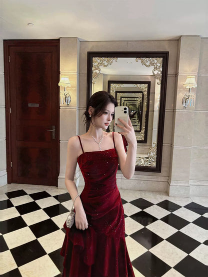 Sexy Mermaid Spaghetti Strap Burgundy Satin Long Prom Dresses Formal Gown Inspo Evening Outfits AB828