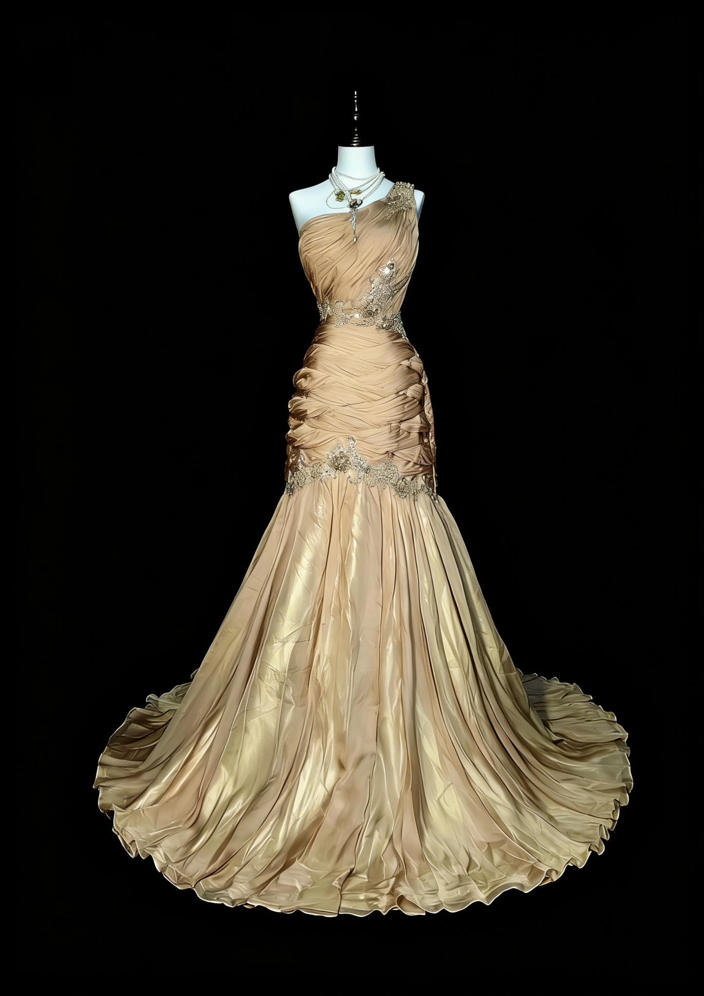 Vintage Mermaid One Shoulder Champagne Tulle With Pleated Sleeveless 80s Prom Dresses Long Formal Party Gown N1474