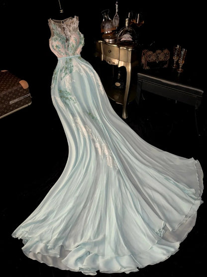 Luxurious Mermaid Scoop Chiffon Blue With Beading Appliques School Dances Prom Dresses 8th Grade Formal Outfits Evening Gown RB8423